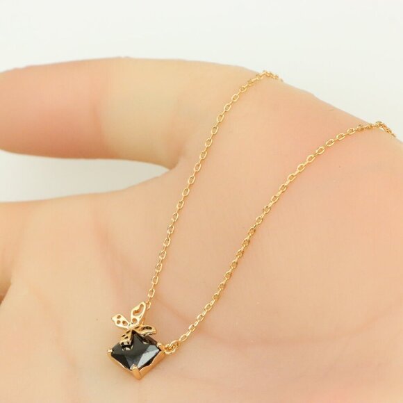 Elegant Rose Gold Necklace with Black Stone and Bow Design, XPNL0406 - Picture 3 of 12